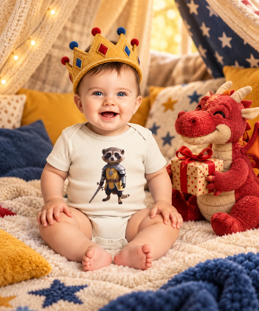 Idée cadeau de naissance : body bébé suricate chevalier et dragon en peluche