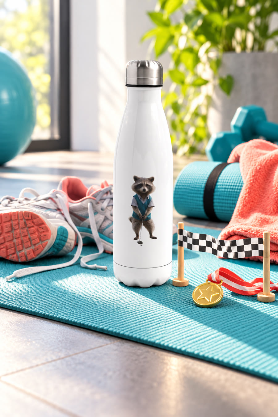 Idée cadeau : bouteille raton laveur sportif en scène près d’une arrivée