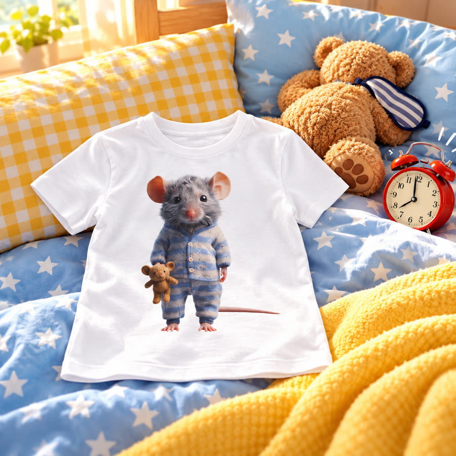 Idée cadeau : t-shirt enfant à souris en pyjama et doudou, mis en scène
