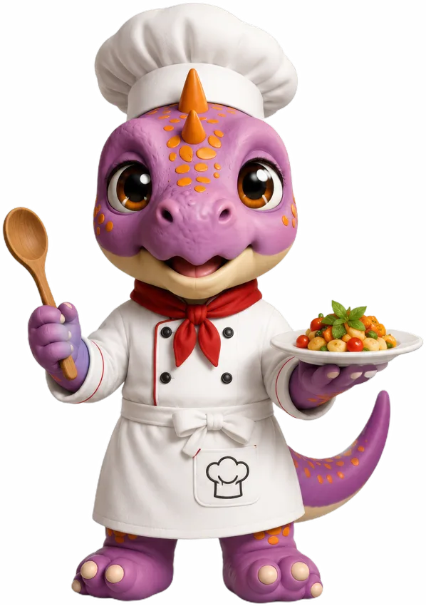 Dino violet chef cuisinier tenant un plat, design original de la boutique