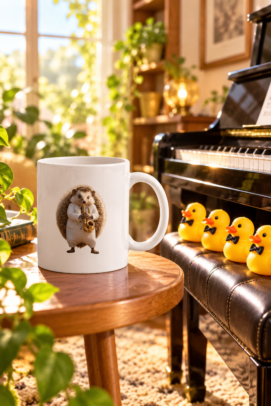 Idée cadeau : mug hérisson saxophoniste en scène de concert amusante