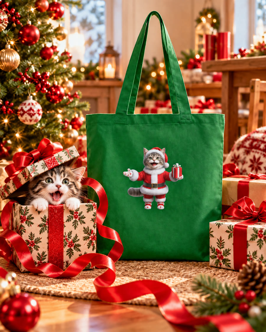 Idée cadeau de Noël : sac chaton festif à côté d’un paquet surprise