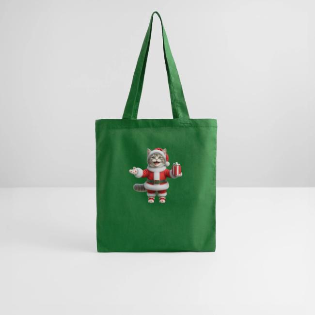 Sac vert en tissu avec chaton habillé pour Noël