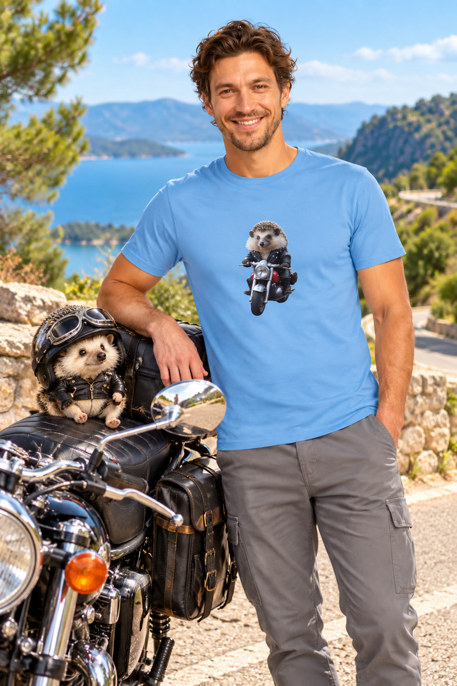 Idée cadeau : t-shirt hérisson motard dans une scène de voyage à moto